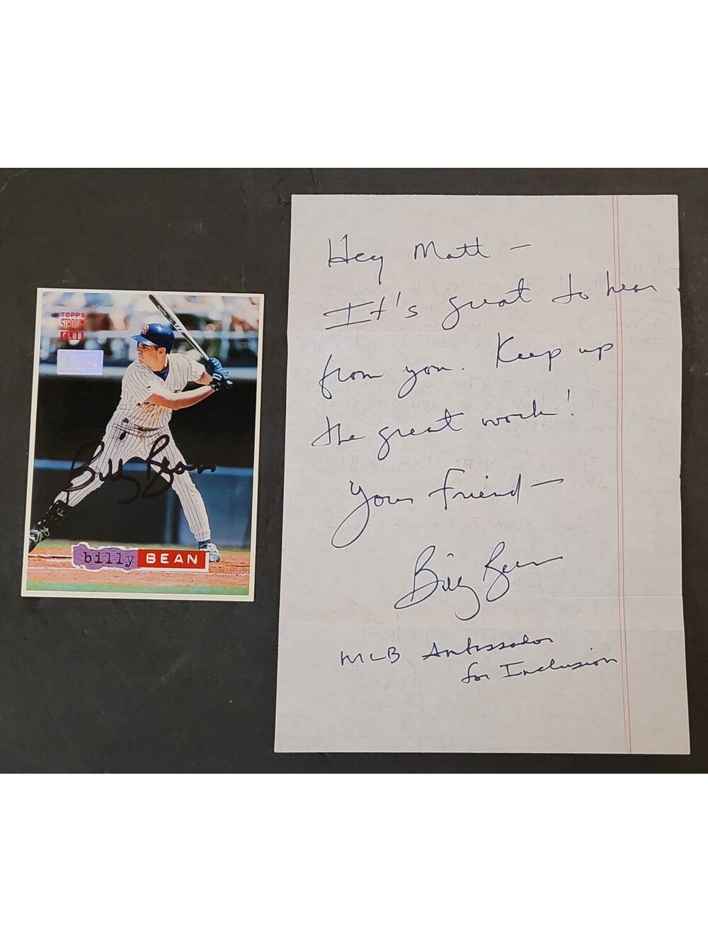 Billy Bean San Diego Padres MLB Autographed Signed Card w/Personalized Letter